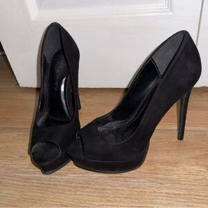 Stiletto platform Peep-Toe Heels black suede like material
